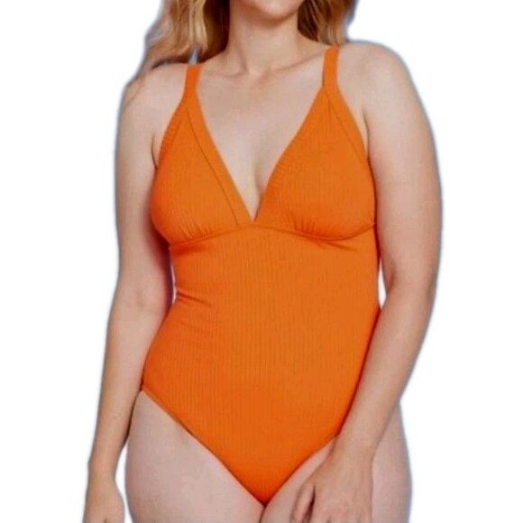 Shade and Shore Women's 1-pc Orange Ribbed Swimsuit Fits Size  12/14 - Picture 1 of 7